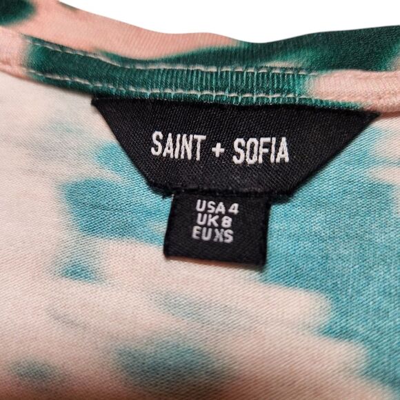 Saint + Sofia Dress Watercolor Midi Floral Green Pink Long Sleeve Stretch Knit 4 - Picture 9 of 13